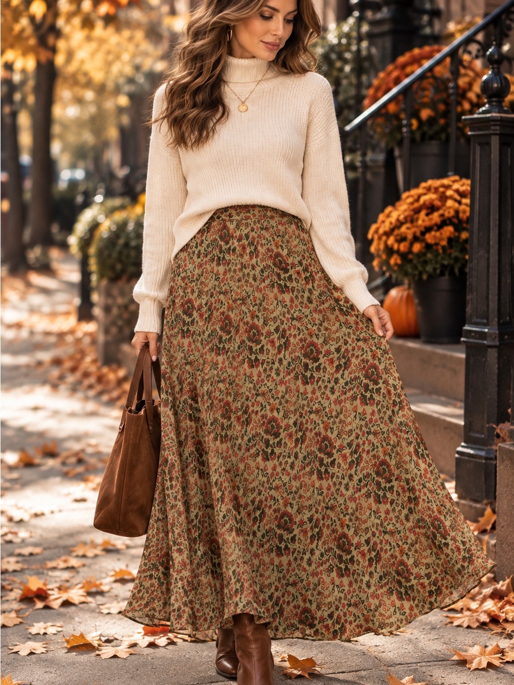Sundance Floral Maxi Skirt in Olive and Rust Tones